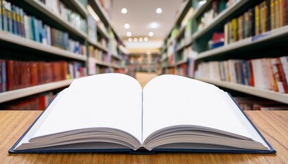 open blank book mockup in bookstore aisle with blurred shelves of books background