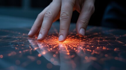 A hand interacting with a futuristic glowing network interface