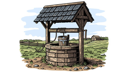 Traditional Wooden Well with Roof Structure.