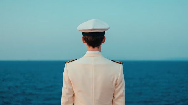 A naval officer in a white uniform stands facing the calm sea, contemplating the horizon against a clear blue sky.