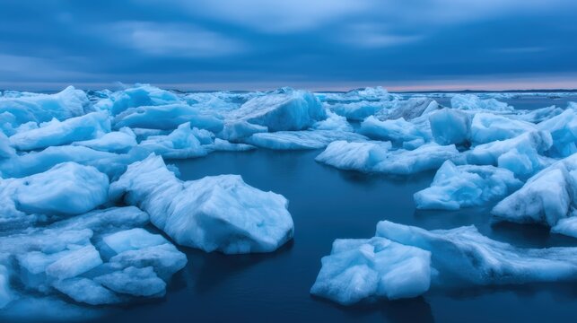 A serene landscape featuring icebergs floating in calm waters, with a moody blue sky reflecting a tranquil and cold environment. - Powered by Adobe