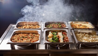abundant buffet spread with diverse culinary delights in stainless steel chafing dishes