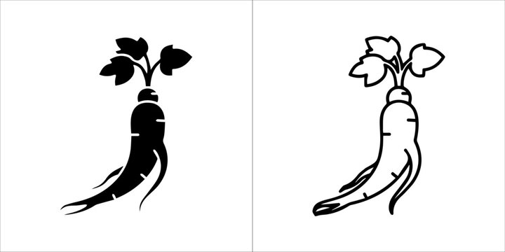 Matching ginseng vector icons with modern line art outline and bold solid silhouette design
