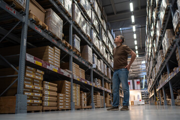 Man in casual attire inspecting high shelves in a large warehouse with bright lighting