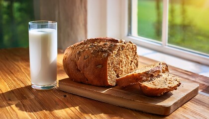 fresh baked nutty bread with a glass of milk by sunlit window