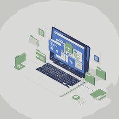 Isometric laptop with digital files and folders, cloud storage concept