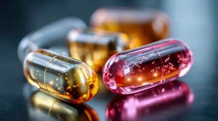 Colorful capsules gleaming under soft light on a smooth surface, showcasing health and wellness choices for daily vitality
