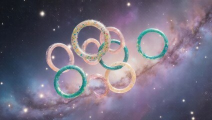 Abstract Geometric Rings Drifting Through a Vibrant Cosmic Nebula.