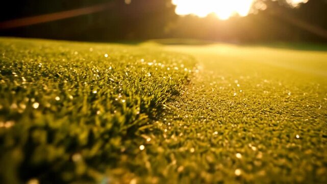 Smooth cinematic dolly shot gliding parallel to the edge of a perfectly manicured putting green fringe bathed in brilliant golden hour light nature, dolly, evening