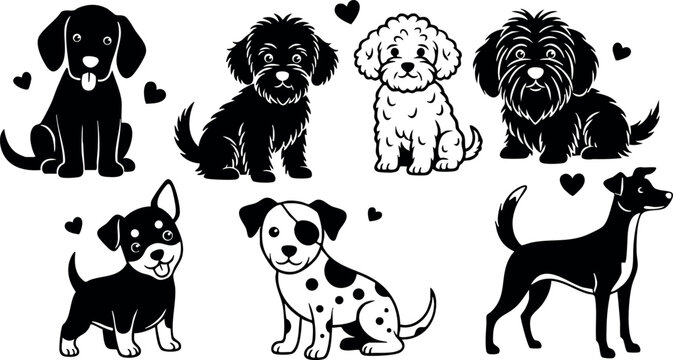 Cute black and white dog puppies illustration with hearts vector art 