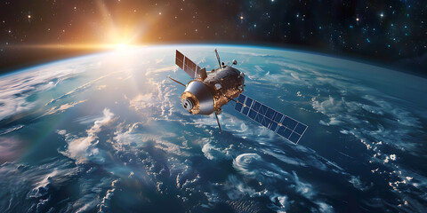 Satellite Orbiting Earth at Sunrise