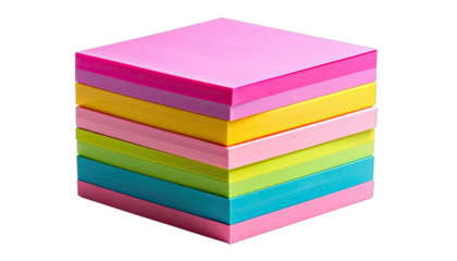 A stack of colorful square sticky notes against a black background.