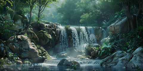 Serene Waterfall in Lush Green Forest