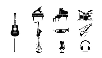 Musical instruments silhouettes guitar piano drum saxophone vector set