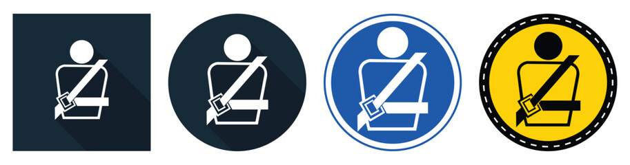 Set of four seat belt icons with different background colors and styles