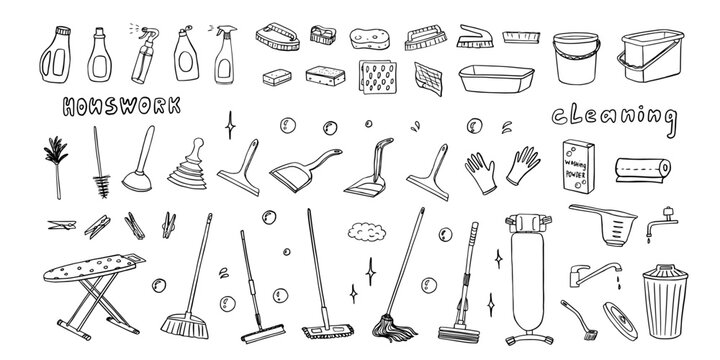 Large set of home cleaning tools and supplies. Housework. Cleanliness. Broom, mop, bucket, sponge, dustpan, cloth, ironing board, squeegee mop, feather duster, dishwashing brush. Hand drawn