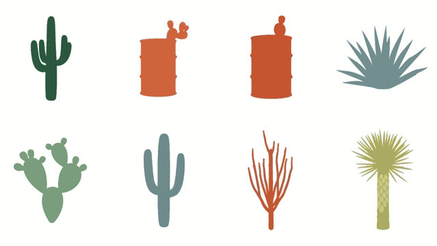 Desert plant silhouettes cactus agave and palm tree illustrations on white