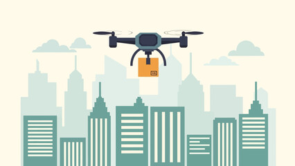 Drone delivering package over city skyline illustration for modern delivery services