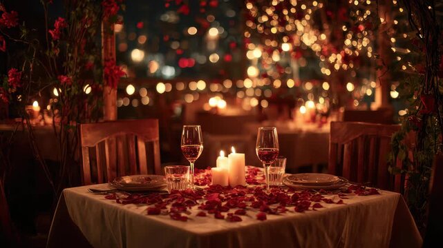 Romantic dinner setting with roses and candles at night in an outdoor restaurant