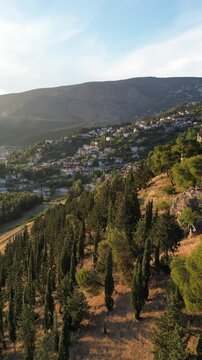 Greece, Volos - Taken with a dji drone during August, this footage features footage during golden ahour from the mount of Pilio aka. P&eacute;lion, over Makrinitsa, showing Volos and the entire areas around 