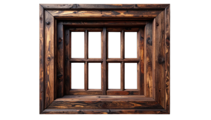 A rustic, dark-stained wooden window frame set against a solid black background.