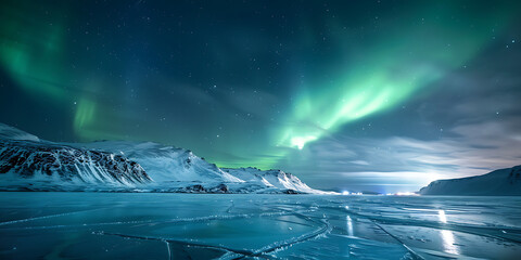 Aurora Borealis Over Snowy Frozen Landscape