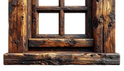 Close-up of a rustic, richly textured wooden window frame against a black background.
