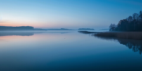 Tranquil Dawn Lake with Misty Horizon