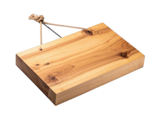 A rectangular wooden plank suspended by a knotted rope against a black background.