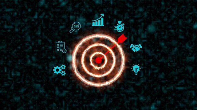 business planning and execution dashboard animation. digital marketing strategy with red arrow hitting target. glowing bullseye concept: achieving corporate goals. fiery business target with strategy.