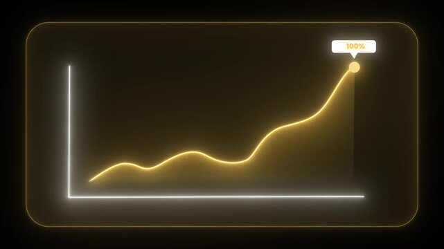 neon line graph demonstrating significant financial growth and upward trend towards 100% success on a dark digital background, symbolizing business achievement and data visualization