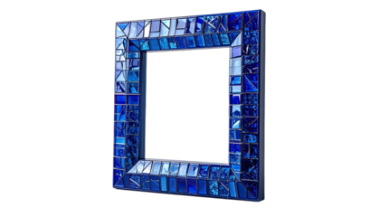 Square blue mosaic mirror frame isolated on black background.
