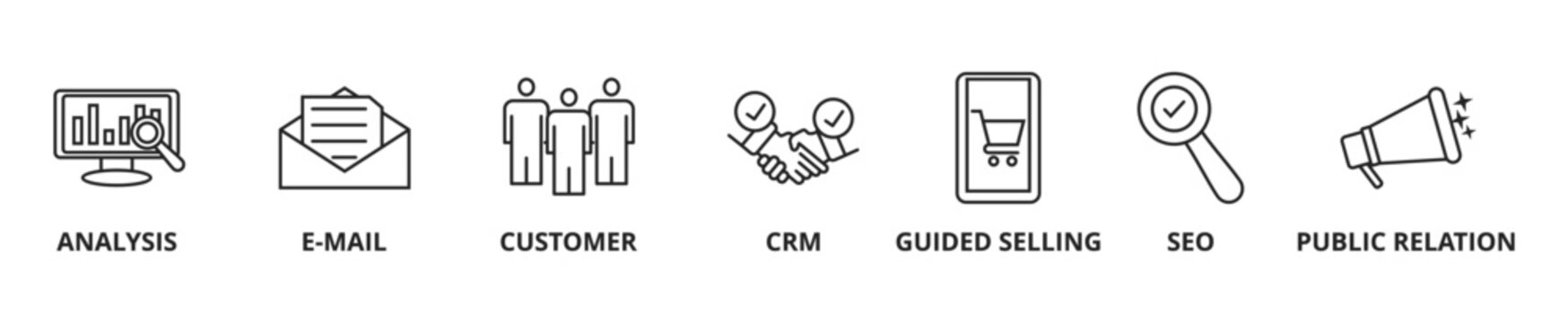Inbound Marketing web banner icon set outline multistyle vector illustrations concept with icon analysis, e-mail, customer, CRM, guided selling, SEO, and public relation