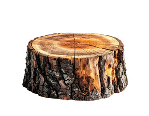 A detailed, close-up image of a freshly cut wooden tree stump isolated on a black background.