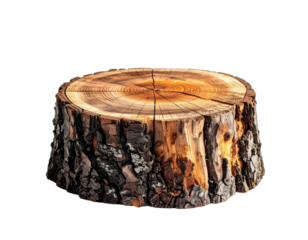 A detailed, close-up image of a freshly cut wooden tree stump isolated on a black background.