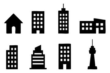 different city building silhouette icons set simple design, minimal urban architecture vector illustration, black and white city skyline symbols, clean flat style on white background