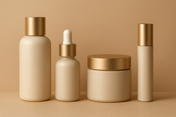 Cosmetic bottles and jars mockup on beige background