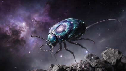 Alien Beetle Crawling On Asteroids In Deep Space Nebula.