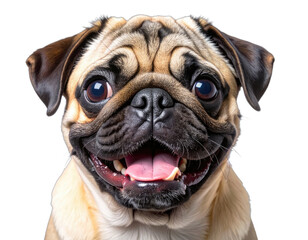 Close-up portrait of a happy pug dog with prominent wrinkles and tongue out against a black background.