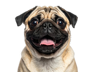 Close-up portrait of a happy, panting fawn Pug against a black background.