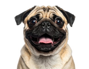 Close-up portrait of a happy, panting fawn Pug against a black background.