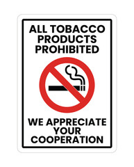 All Tobacco Products Prohibited Icon. No Smoking Sign. Vector illustration isolated on white background. Warning Forbidden Symbol, Black pictogram in red circle