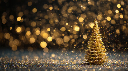 A shimmering, golden Christmas tree stands amidst a cascade of sparkling bokeh lights, embodying festive elegance and holiday cheer.