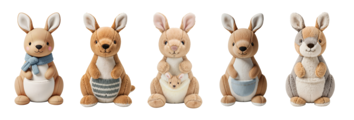 Kangaroo plush toy collection with cute expressions isolated on transparent background