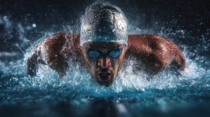 The powerful butterfly stroke by a swimmer creates a splash and propels forward with focused energy. Perfect water sports and fitness image.