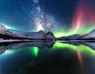 a vibrant display of the aurora borealis and the milky way illuminate a snow covered mountain range reflected in a still dark lake