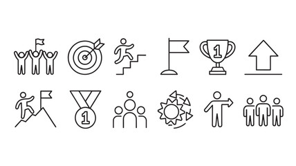Fototapeta premium Business success and achievement line icons for goals, teamwork and leadership concepts