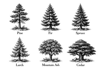 Detailed engraving of different tree types: pine, fir, spruce, larch, mountain ash, cedar