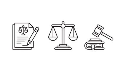 Law and justice icons set with legal document, balance scale and gavel vector symbols