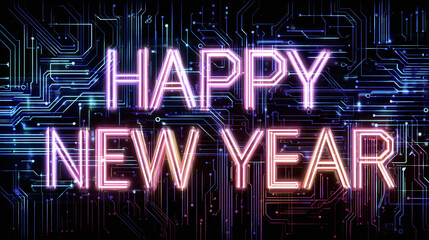 A futuristic celebration of the new year with vibrant neon lights spelling out "Happy New Year" against a circuit board background.